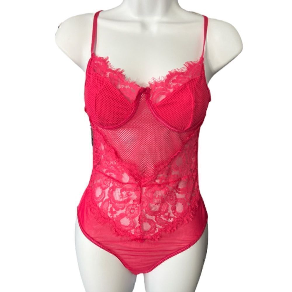 Pink Floral Lace Scalloped Sheer Lingerie Teddy Bodysuit Size S